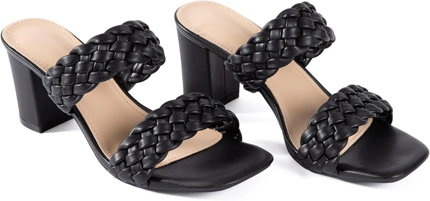 N.N.G Women Heels Sandals Braided Block Nude Summer Chunky Square Leather Woven Comfort Strappy Dress Casual Pumps Mules
