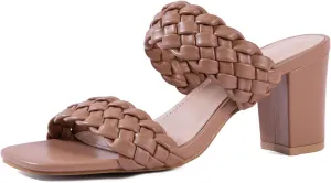 N.N.G Women Heels Sandals Braided Block Nude Summer Chunky Square Leather Woven Comfort Strappy Dress Casual Pumps Mules
