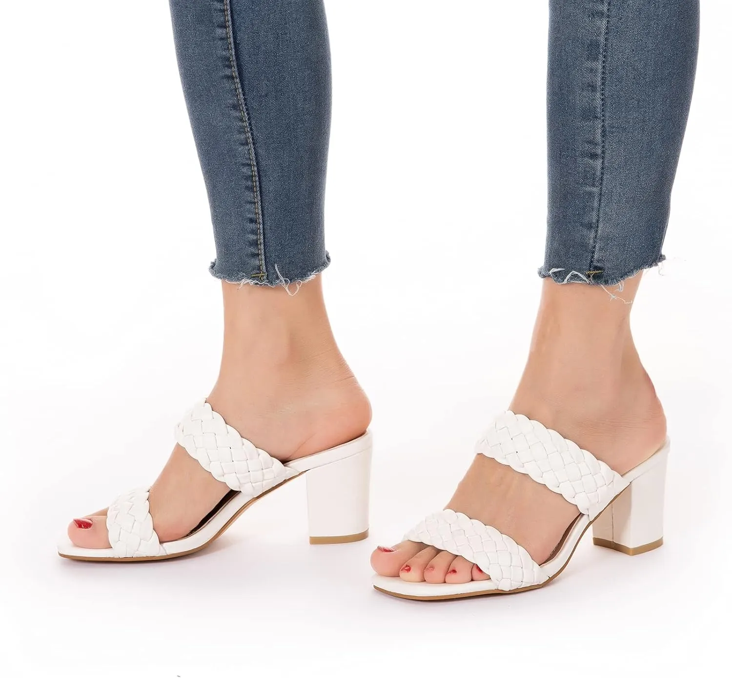 N.N.G Women Heels Sandals Braided Block Nude Summer Chunky Square Leather Woven Comfort Strappy Dress Casual Pumps Mules