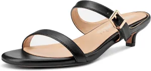 NobleOnly Two Strap Heeled Sandals for Women Kitten Heels Women Slip on Rounded Open Toe Sandals Dress Mules Sandals 1.4 Inches Heels