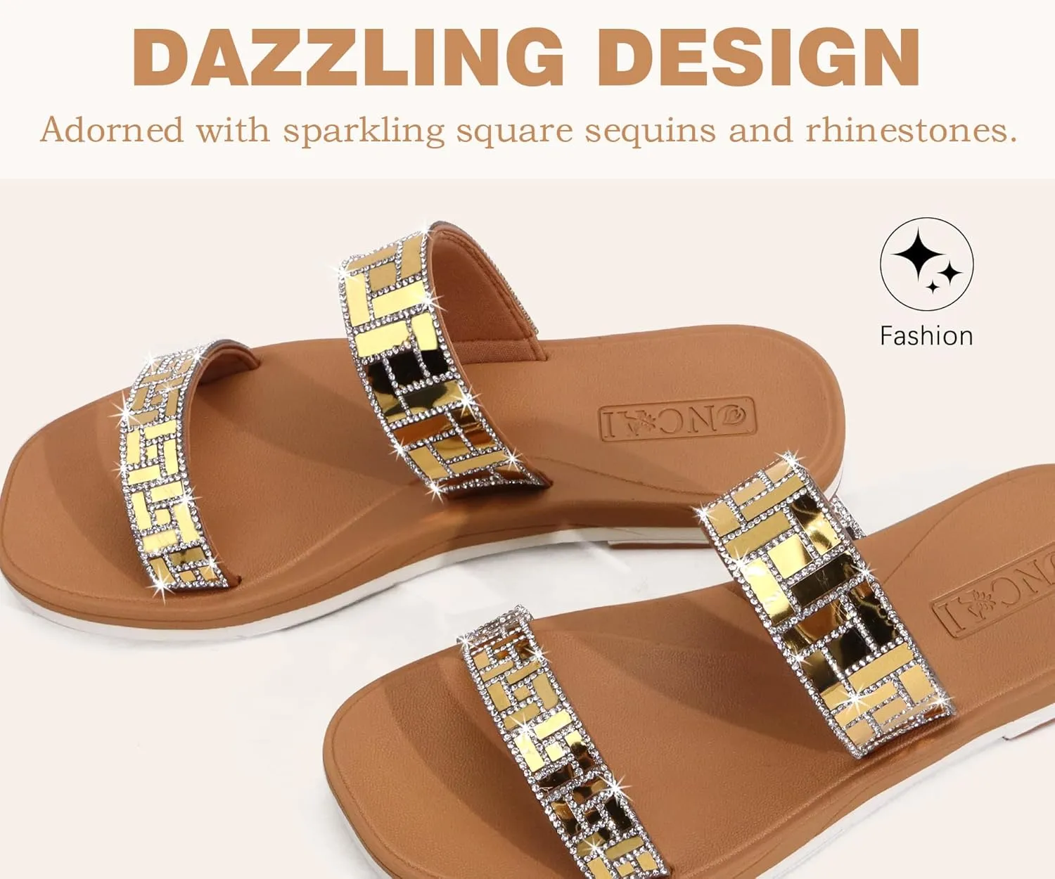 ONCAI Rhinestones Slide Sandals for Women with Glittery Trendy Square Open Toe Summer Flat Sparkly Dressy Sandals with Slip-on Rubber Soles