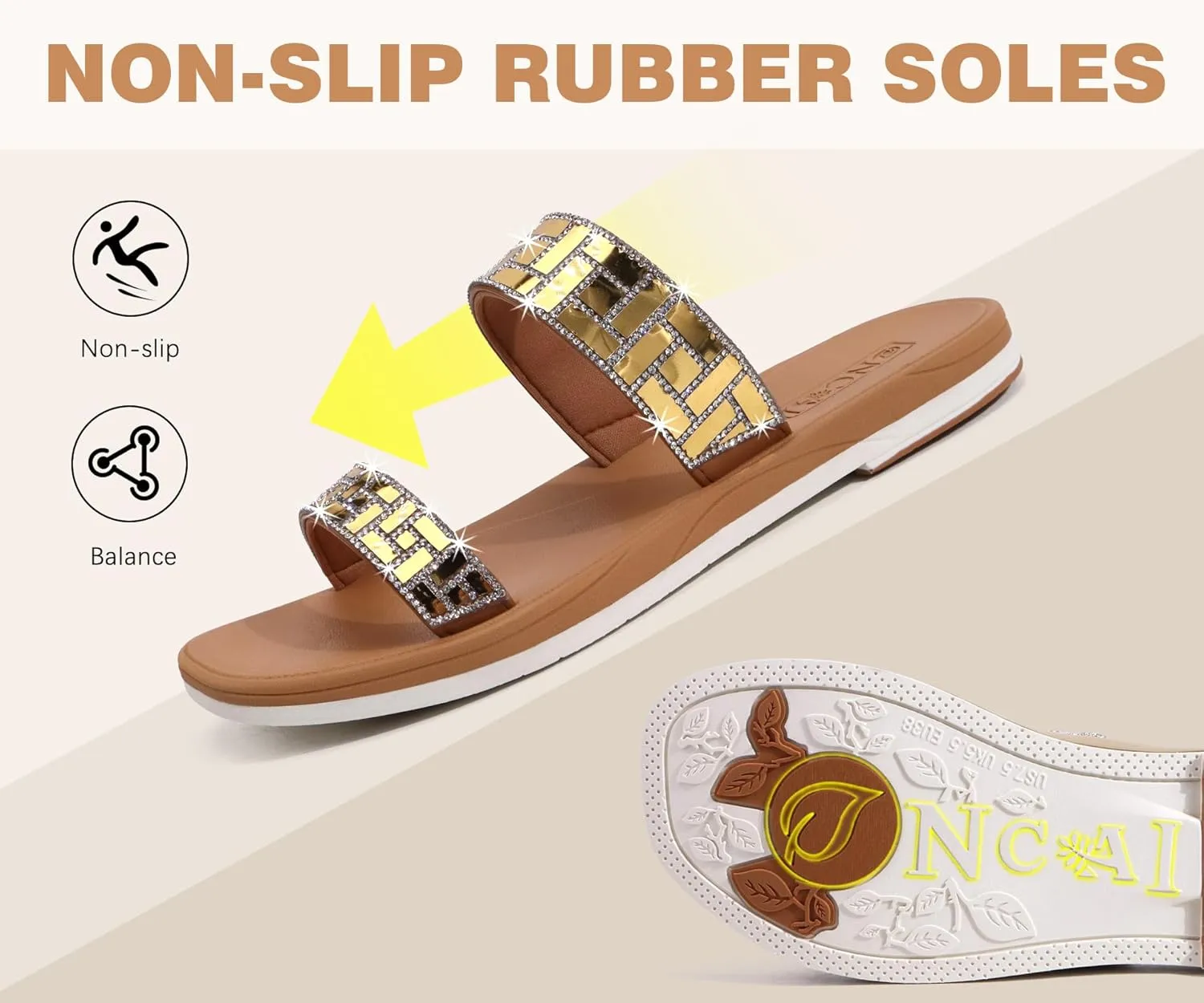 ONCAI Rhinestones Slide Sandals for Women with Glittery Trendy Square Open Toe Summer Flat Sparkly Dressy Sandals with Slip-on Rubber Soles