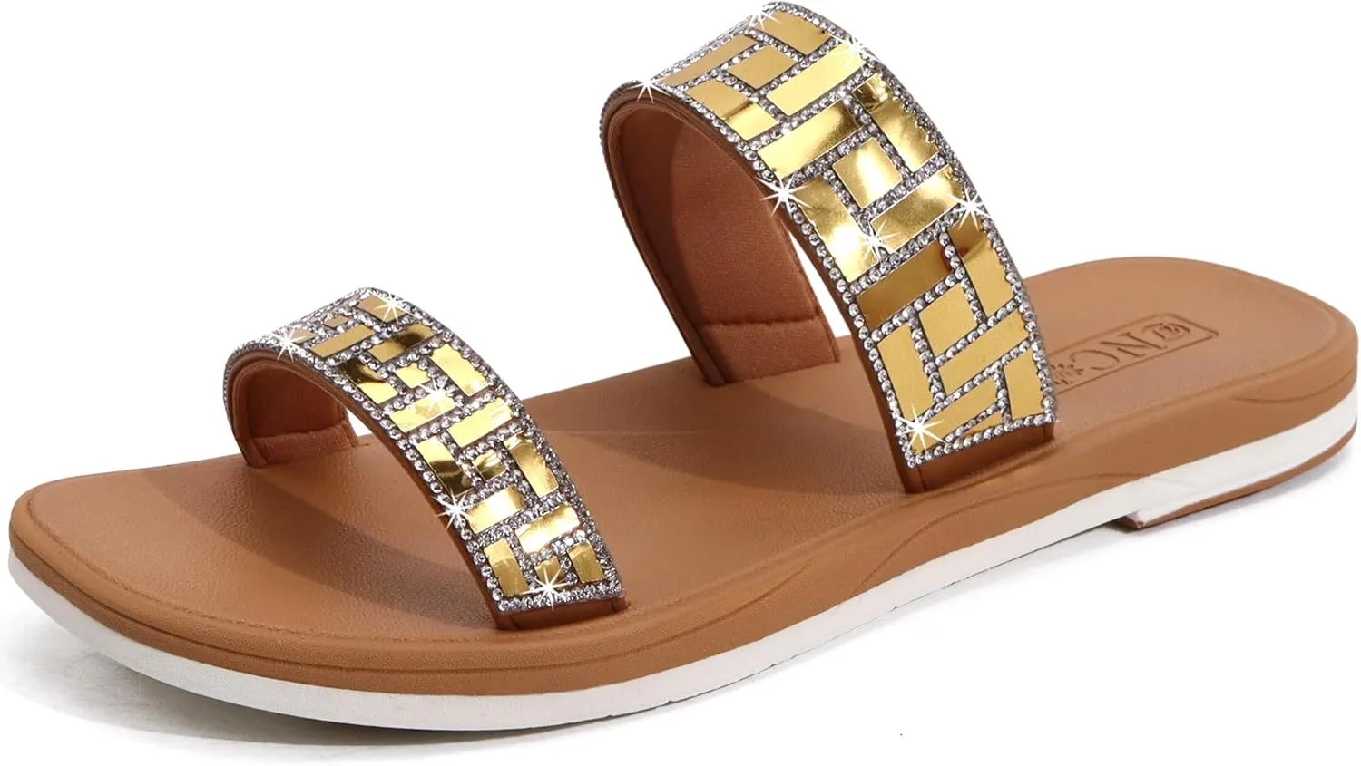 ONCAI Rhinestones Slide Sandals for Women with Glittery Trendy Square Open Toe Summer Flat Sparkly Dressy Sandals with Slip-on Rubber Soles