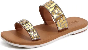 ONCAI Rhinestones Slide Sandals for Women with Glittery Trendy Square Open Toe Summer Flat Sparkly Dressy Sandals with Slip-on Rubber Soles