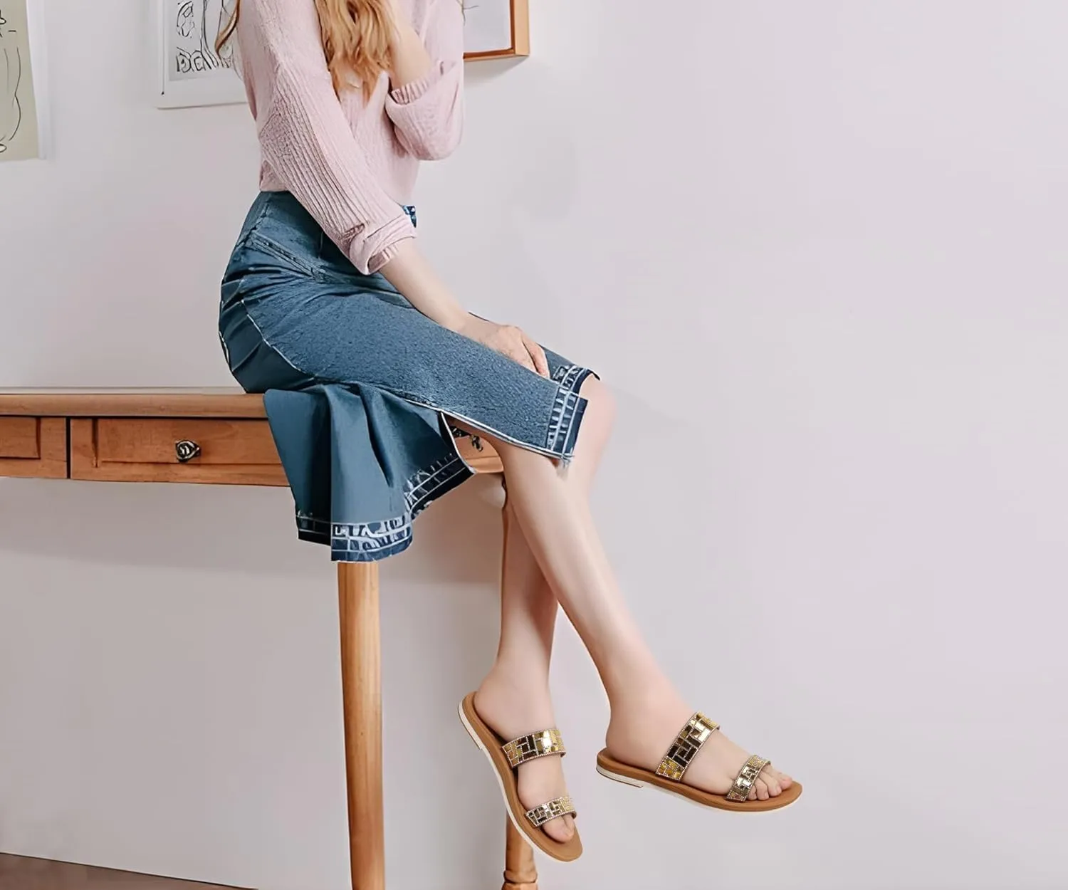 ONCAI Rhinestones Slide Sandals for Women with Glittery Trendy Square Open Toe Summer Flat Sparkly Dressy Sandals with Slip-on Rubber Soles