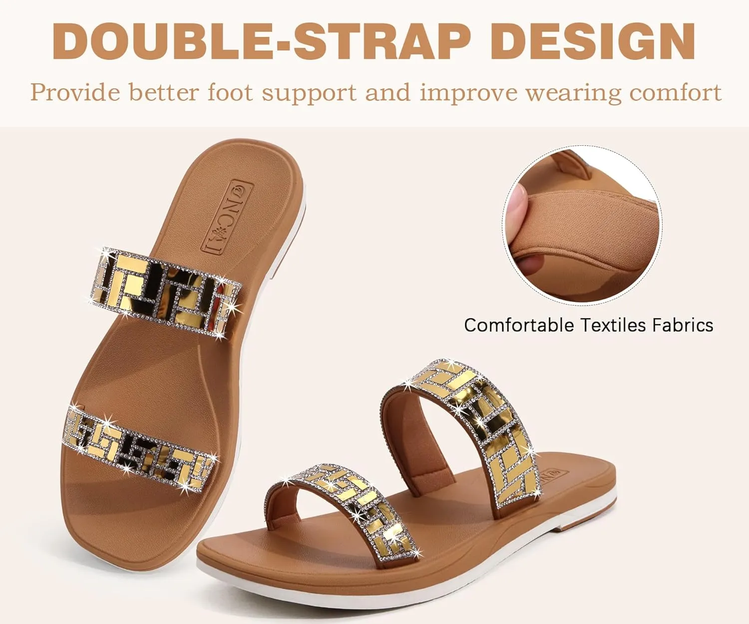 ONCAI Rhinestones Slide Sandals for Women with Glittery Trendy Square Open Toe Summer Flat Sparkly Dressy Sandals with Slip-on Rubber Soles