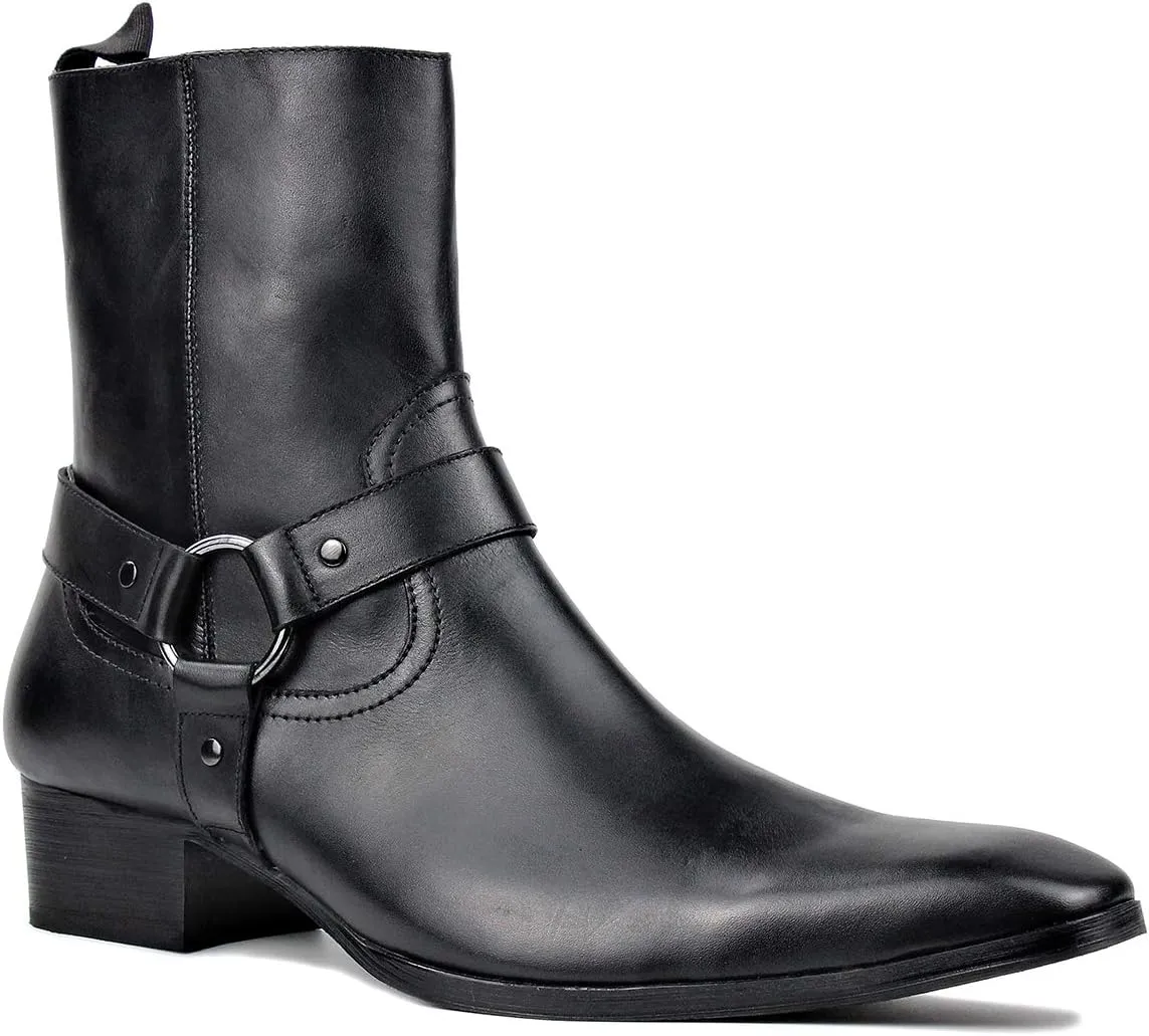 OSSTONE Men Chelsea Ankle Boots Leather Chukka Motorcycle Boots with Side Zipper Heel Retro Dress Boots JY017-R