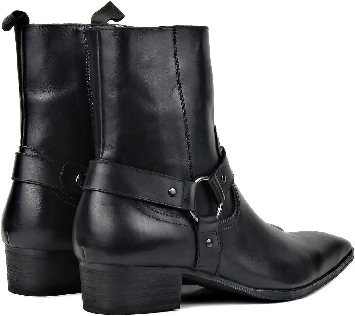 OSSTONE Men Chelsea Ankle Boots Leather Chukka Motorcycle Boots with Side Zipper Heel Retro Dress Boots JY017-R
