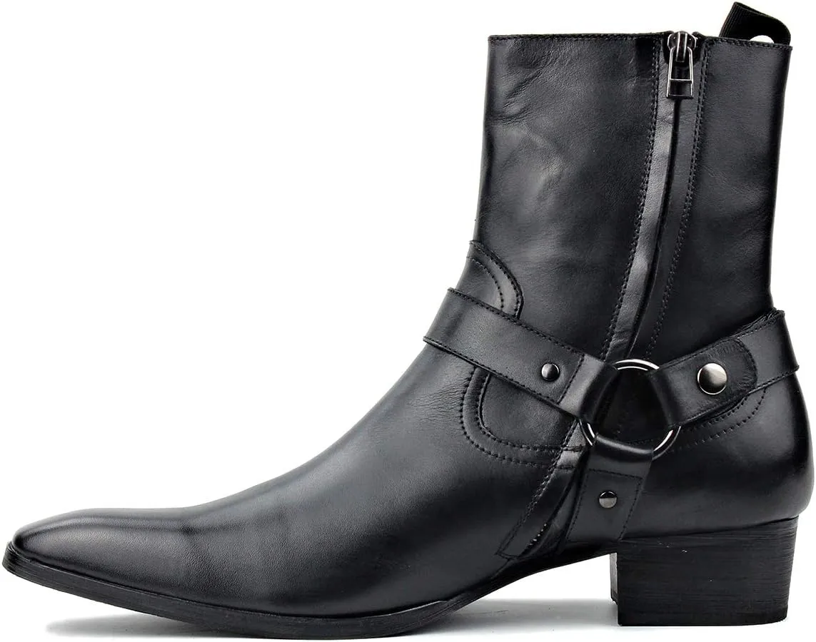 OSSTONE Men Chelsea Ankle Boots Leather Chukka Motorcycle Boots with Side Zipper Heel Retro Dress Boots JY017-R