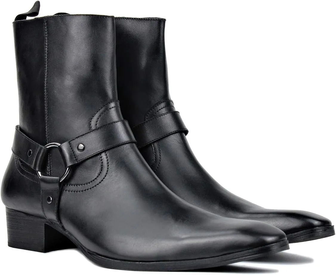 OSSTONE Men Chelsea Ankle Boots Leather Chukka Motorcycle Boots with Side Zipper Heel Retro Dress Boots JY017-R