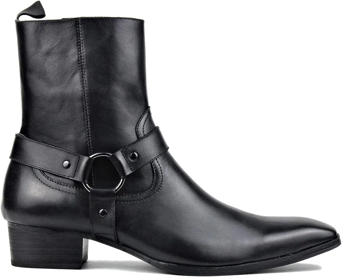 OSSTONE Men Chelsea Ankle Boots Leather Chukka Motorcycle Boots with Side Zipper Heel Retro Dress Boots JY017-R