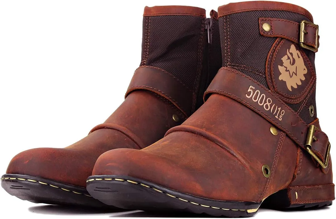 OSSTONE Moto Boots for Men Fashion Zipper-up Leather Chukka Boots Casual Shoes OS-5008-1-ABNH