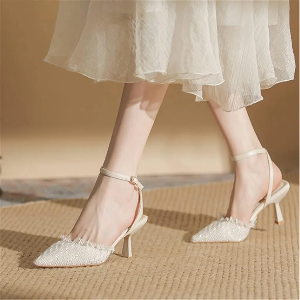 Package Sandals Female Pointed Back Hollow A Word Buckle with High Heels with Cheongsam 6.5cm