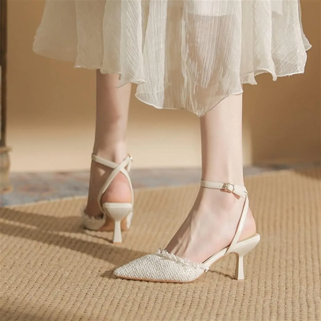 Package Sandals Female Pointed Back Hollow A Word Buckle with High Heels with Cheongsam 6.5cm