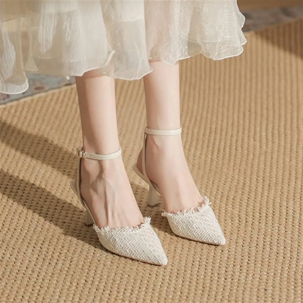 Package Sandals Female Pointed Back Hollow A Word Buckle with High Heels with Cheongsam 6.5cm