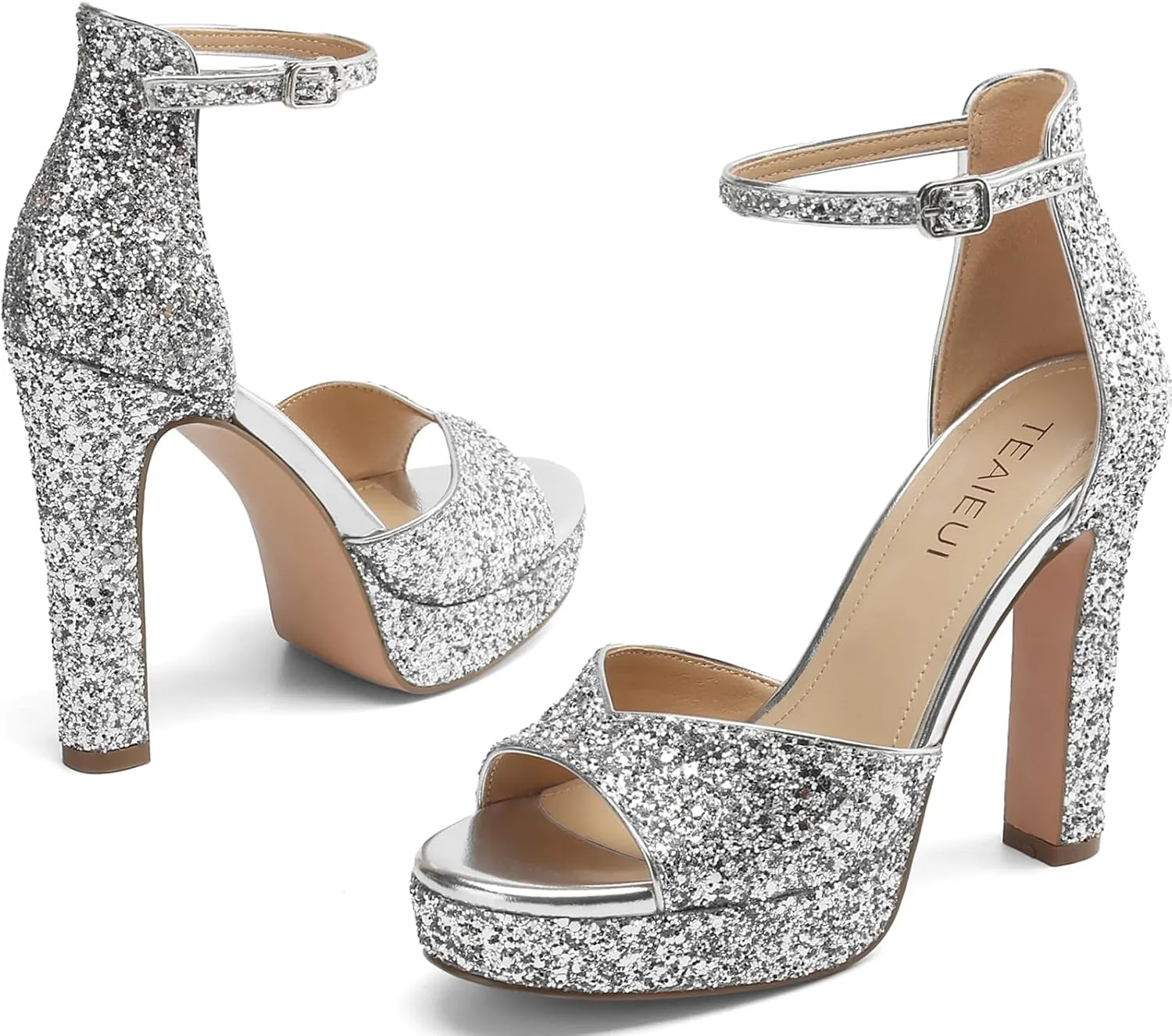 Pearl Rhinestone Heels Platform Block Sandals for Women Wedding Sandals for Bride Chunky Heels Bridal Shoes with Ankle Strap