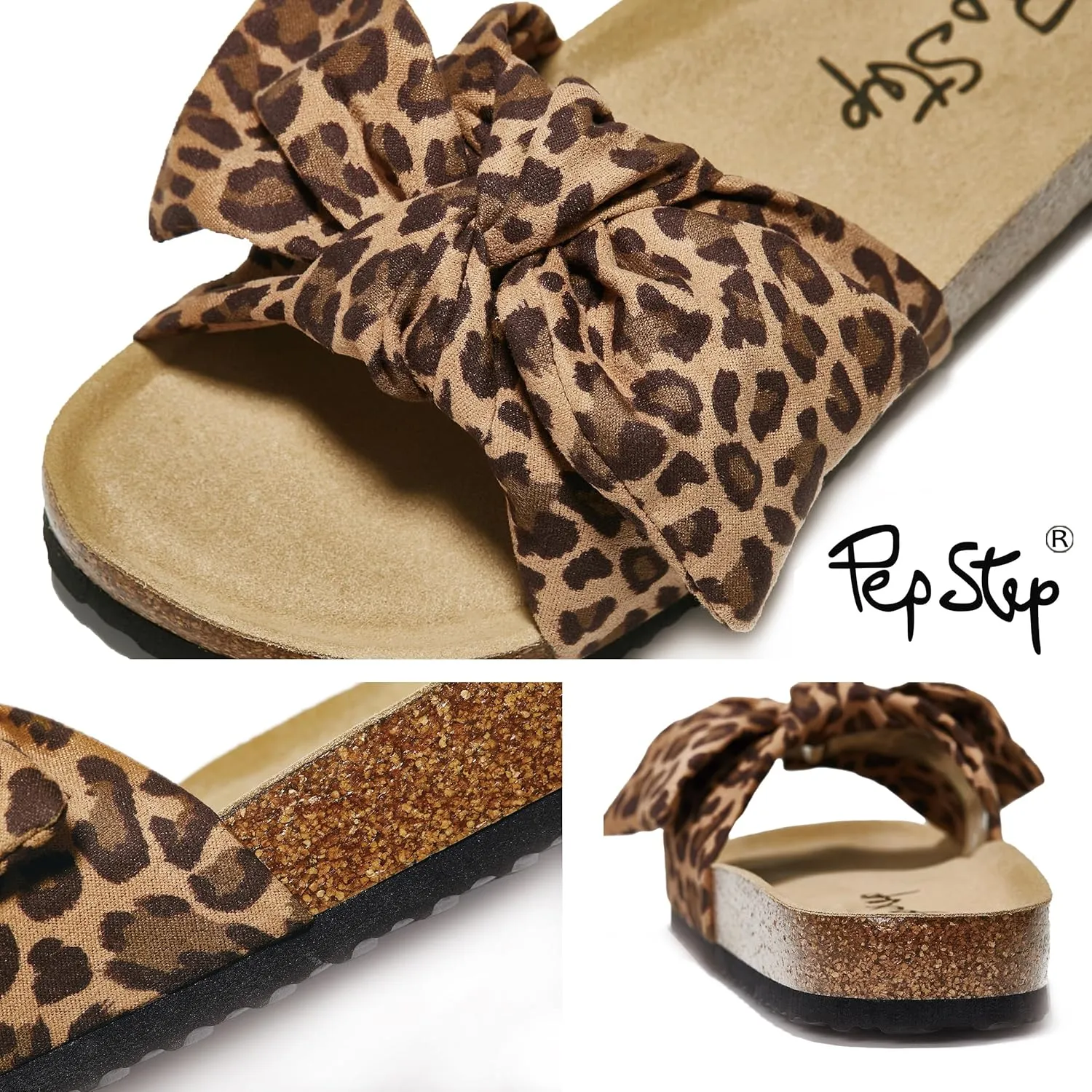 PepStep Slide Sandals for Women or Ladies Dressy Summer Casual, Cute Bow Tie Knot On Top Strap, Comfy Slip On Cork Foot Bed