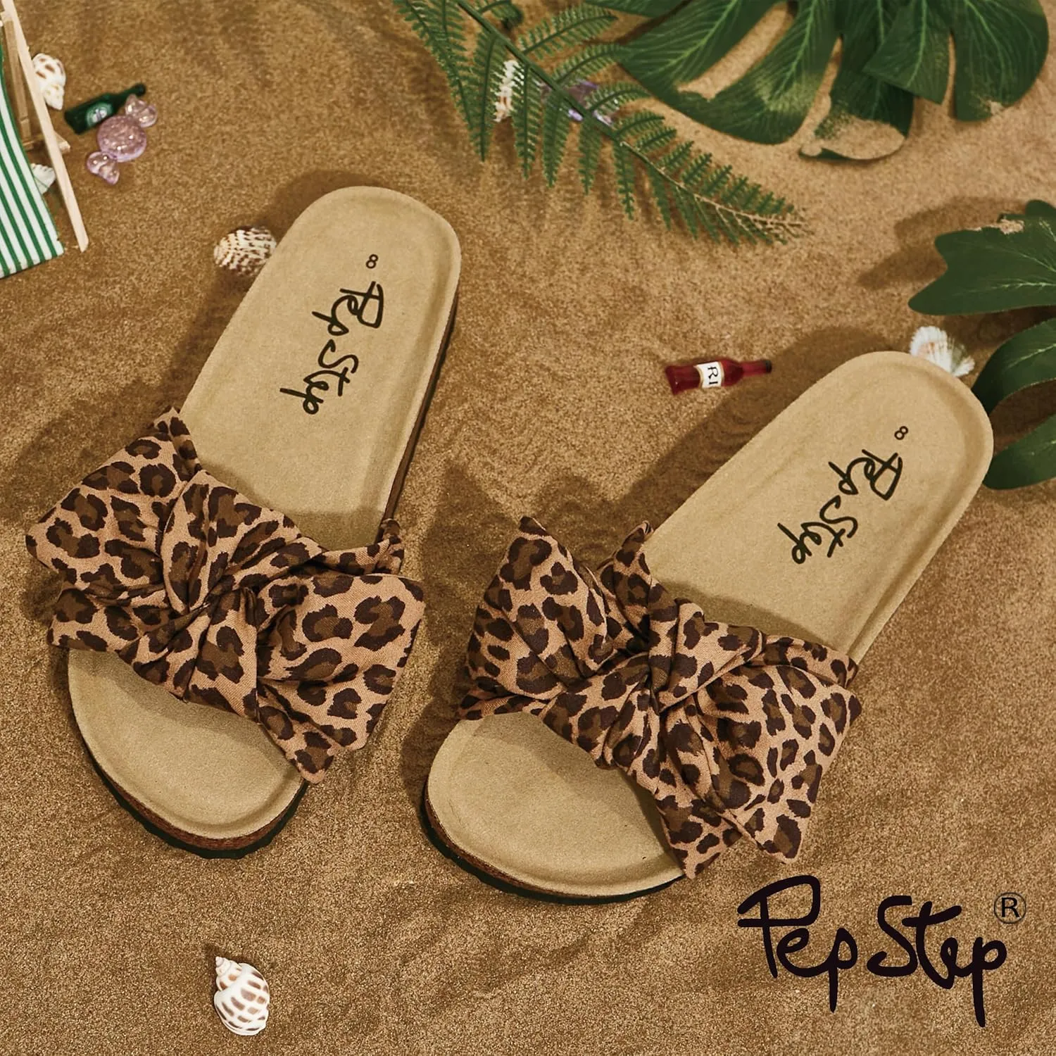 PepStep Slide Sandals for Women or Ladies Dressy Summer Casual, Cute Bow Tie Knot On Top Strap, Comfy Slip On Cork Foot Bed