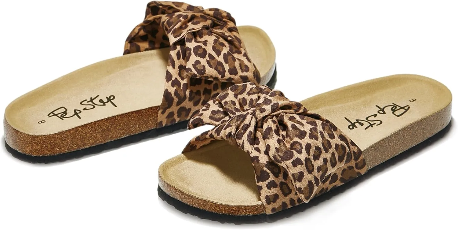 PepStep Slide Sandals for Women or Ladies Dressy Summer Casual, Cute Bow Tie Knot On Top Strap, Comfy Slip On Cork Foot Bed