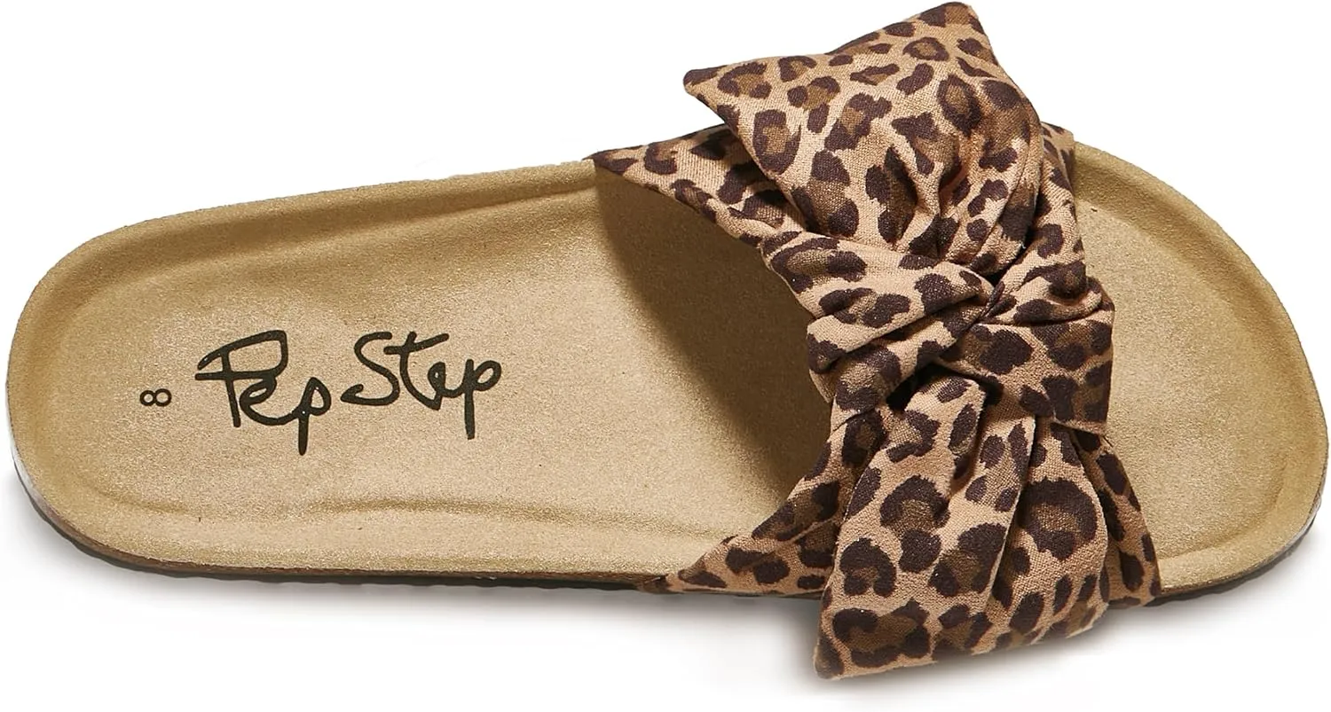 PepStep Slide Sandals for Women or Ladies Dressy Summer Casual, Cute Bow Tie Knot On Top Strap, Comfy Slip On Cork Foot Bed