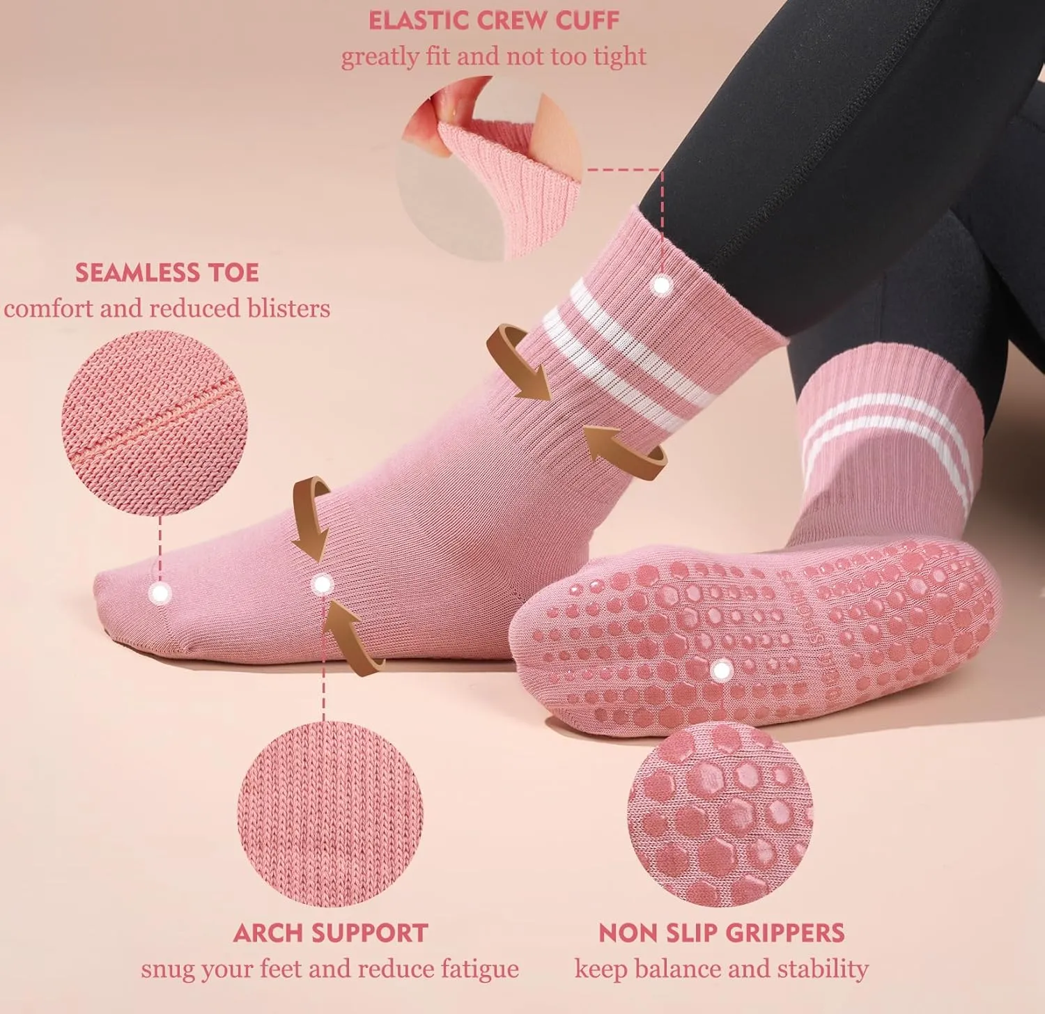 Pilates Socks with Grips for Women Yoga Crew Non Slip Socks for Barre Hospital Workout Slipper Socks 2-4 Pairs