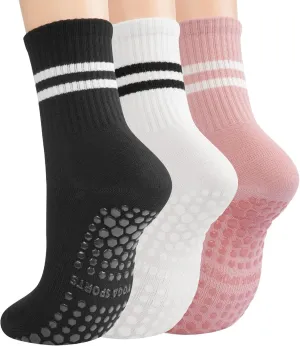 Pilates Socks with Grips for Women Yoga Crew Non Slip Socks for Barre Hospital Workout Slipper Socks 2-4 Pairs