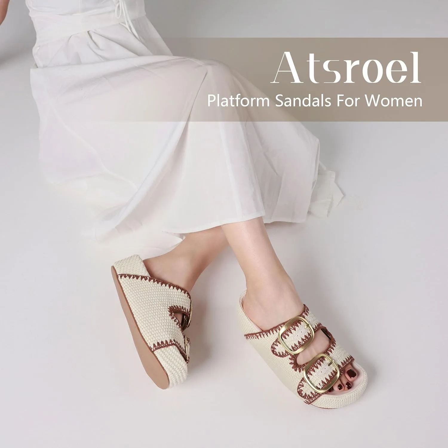 Platform Sandals For Women Raffia Espadrilles Open Toe Flatform Sandals Slip On Slide Sandals Casual Woven Sandals Summer Beach Sandals