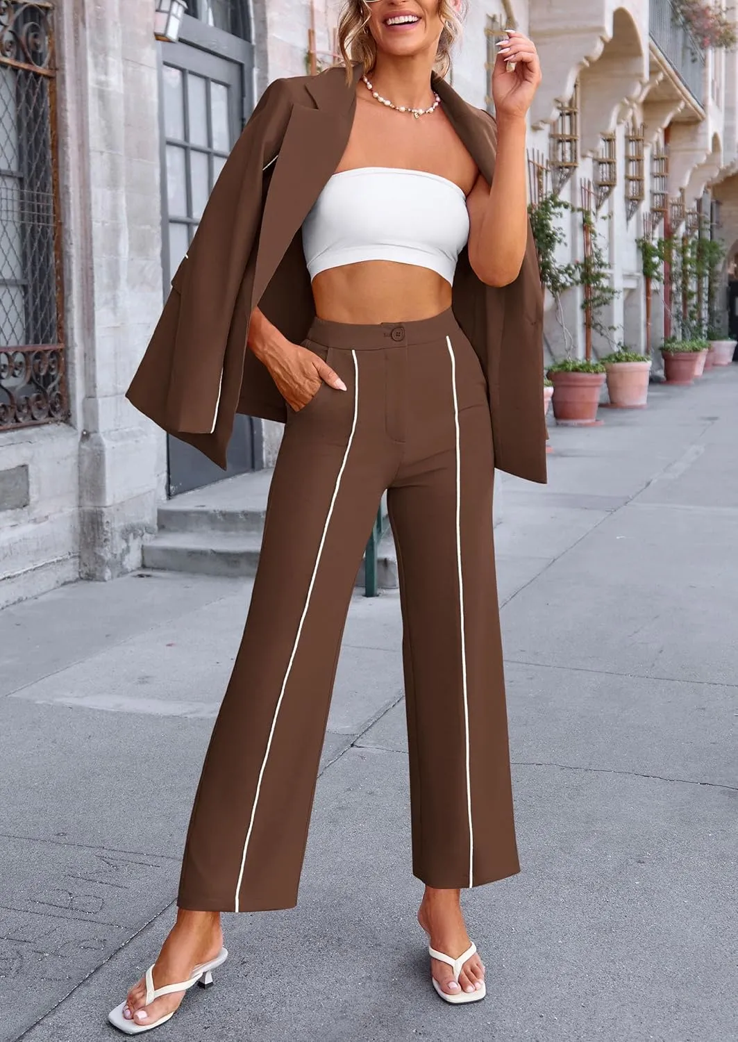 PRETTYGARDEN Women's Fall Spring 2 Piece Blazer Outfits Business Casual Oversized Jacket Wide Leg Work Pants Dressy Suit Set
