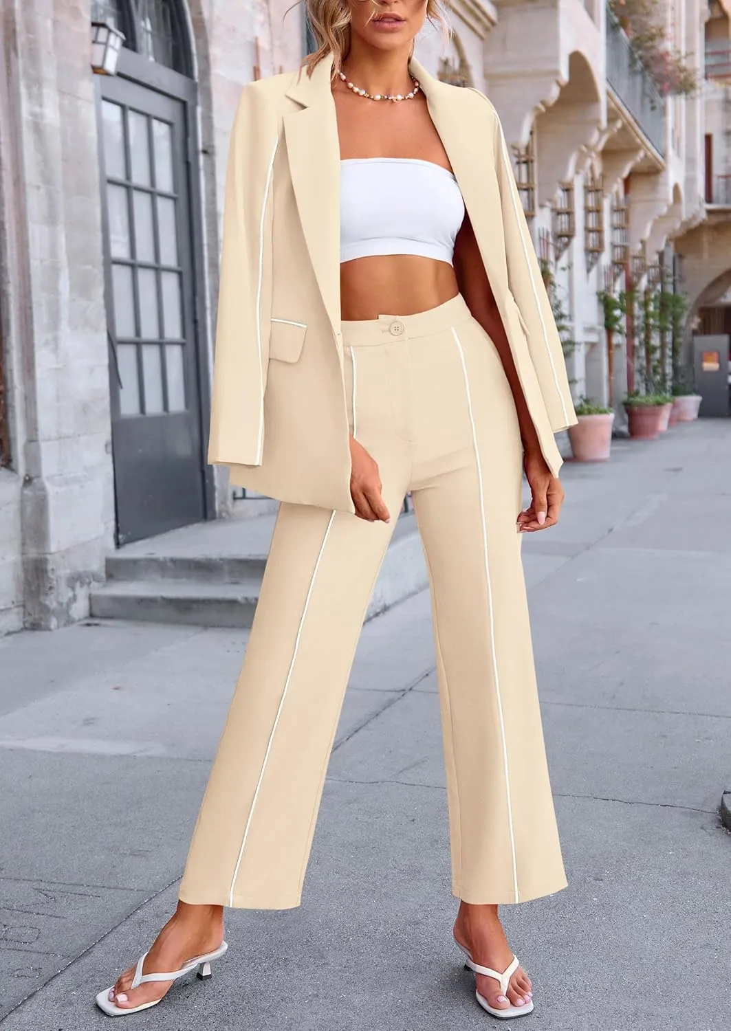 PRETTYGARDEN Women's Fall Spring 2 Piece Blazer Outfits Business Casual Oversized Jacket Wide Leg Work Pants Dressy Suit Set