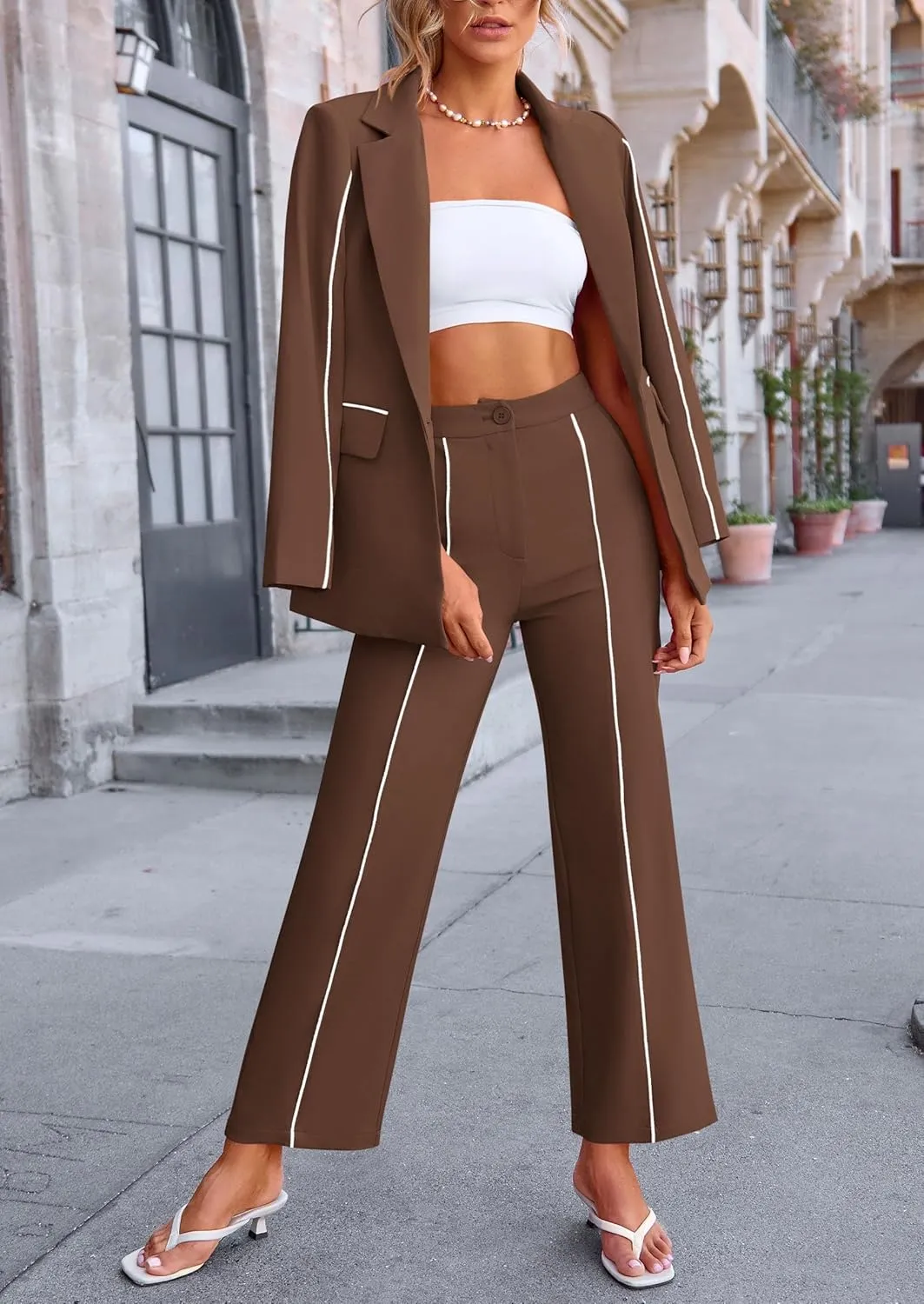 PRETTYGARDEN Women's Fall Spring 2 Piece Blazer Outfits Business Casual Oversized Jacket Wide Leg Work Pants Dressy Suit Set