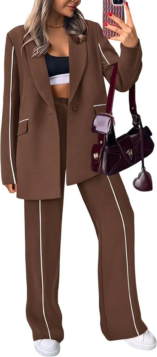 PRETTYGARDEN Women's Fall Spring 2 Piece Blazer Outfits Business Casual Oversized Jacket Wide Leg Work Pants Dressy Suit Set