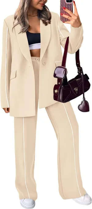 PRETTYGARDEN Women's Fall Spring 2 Piece Blazer Outfits Business Casual Oversized Jacket Wide Leg Work Pants Dressy Suit Set