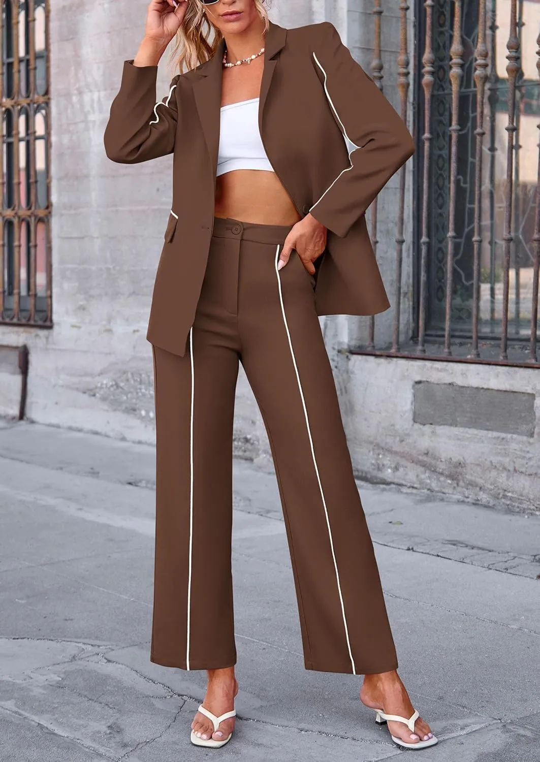 PRETTYGARDEN Women's Fall Spring 2 Piece Blazer Outfits Business Casual Oversized Jacket Wide Leg Work Pants Dressy Suit Set