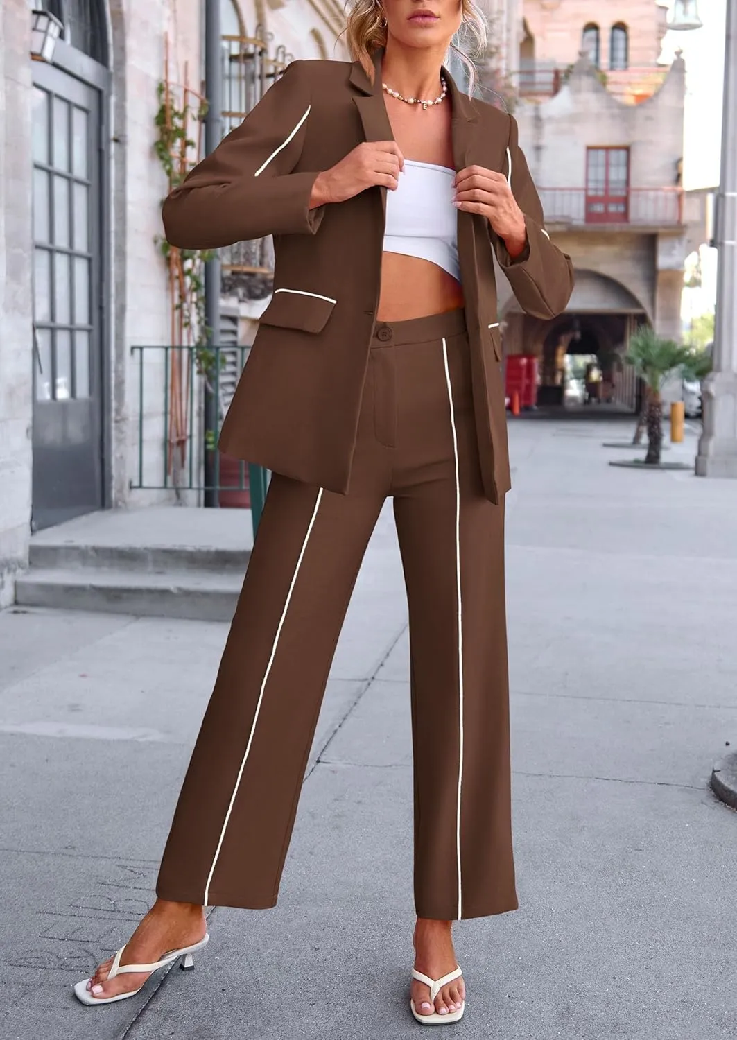 PRETTYGARDEN Women's Fall Spring 2 Piece Blazer Outfits Business Casual Oversized Jacket Wide Leg Work Pants Dressy Suit Set