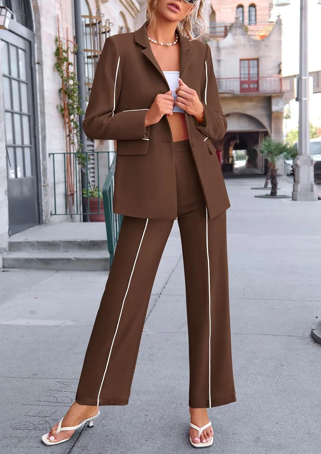 PRETTYGARDEN Women's Fall Spring 2 Piece Blazer Outfits Business Casual Oversized Jacket Wide Leg Work Pants Dressy Suit Set
