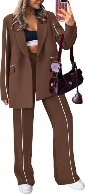 PRETTYGARDEN Women's Fall Spring 2 Piece Blazer Outfits Business Casual Oversized Jacket Wide Leg Work Pants Dressy Suit Set