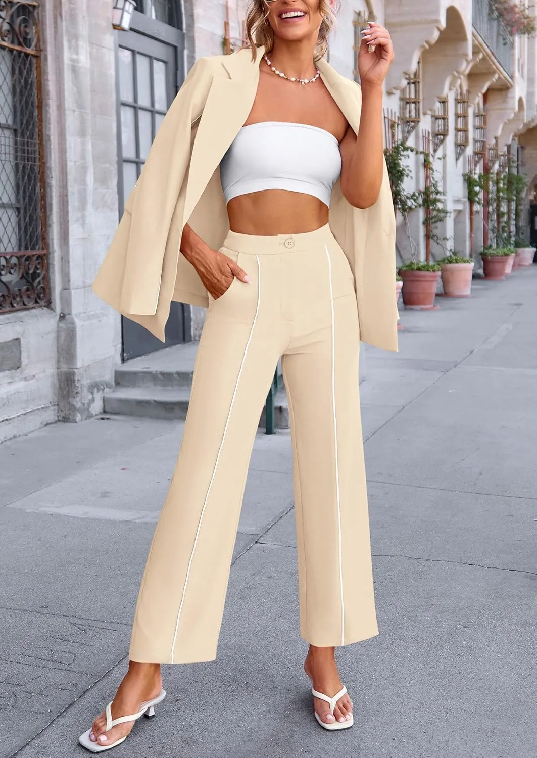 PRETTYGARDEN Women's Fall Spring 2 Piece Blazer Outfits Business Casual Oversized Jacket Wide Leg Work Pants Dressy Suit Set