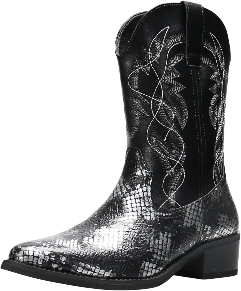 Python Manning Men's Boots Cowboy for Men Classic Pointed Toe Western Pull Up Snakeskin Embroidered Mid-Calf Boots
