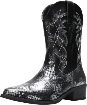 Python Manning Men's Boots Cowboy for Men Classic Pointed Toe Western Pull Up Snakeskin Embroidered Mid-Calf Boots