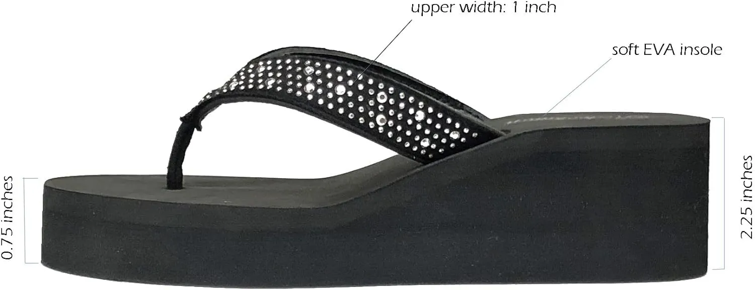 REDVOLUTION New Women's Rhinestone Sandals Platform T-Strap Jewel Sandals High Wedge Flip Flops
