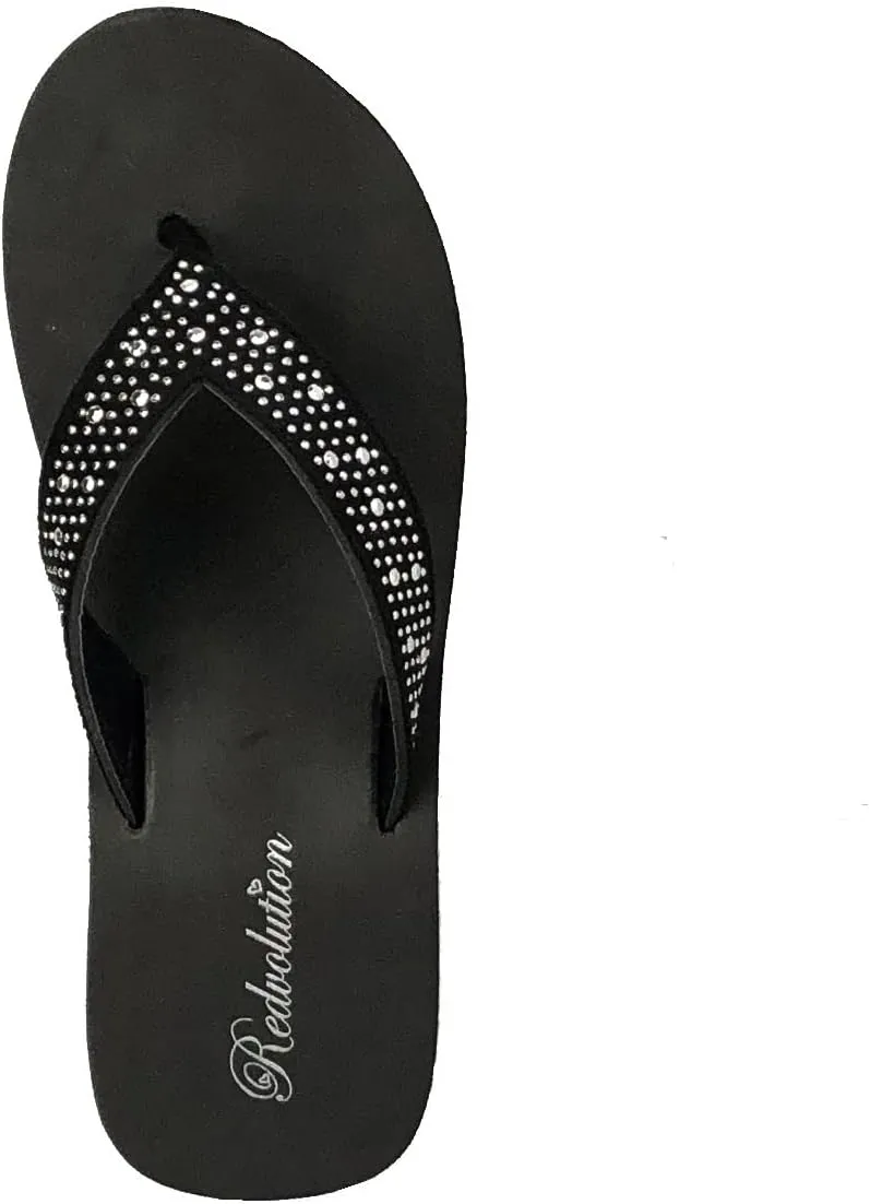 REDVOLUTION New Women's Rhinestone Sandals Platform T-Strap Jewel Sandals High Wedge Flip Flops