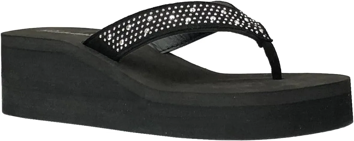 REDVOLUTION New Women's Rhinestone Sandals Platform T-Strap Jewel Sandals High Wedge Flip Flops