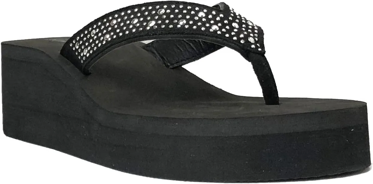 REDVOLUTION New Women's Rhinestone Sandals Platform T-Strap Jewel Sandals High Wedge Flip Flops