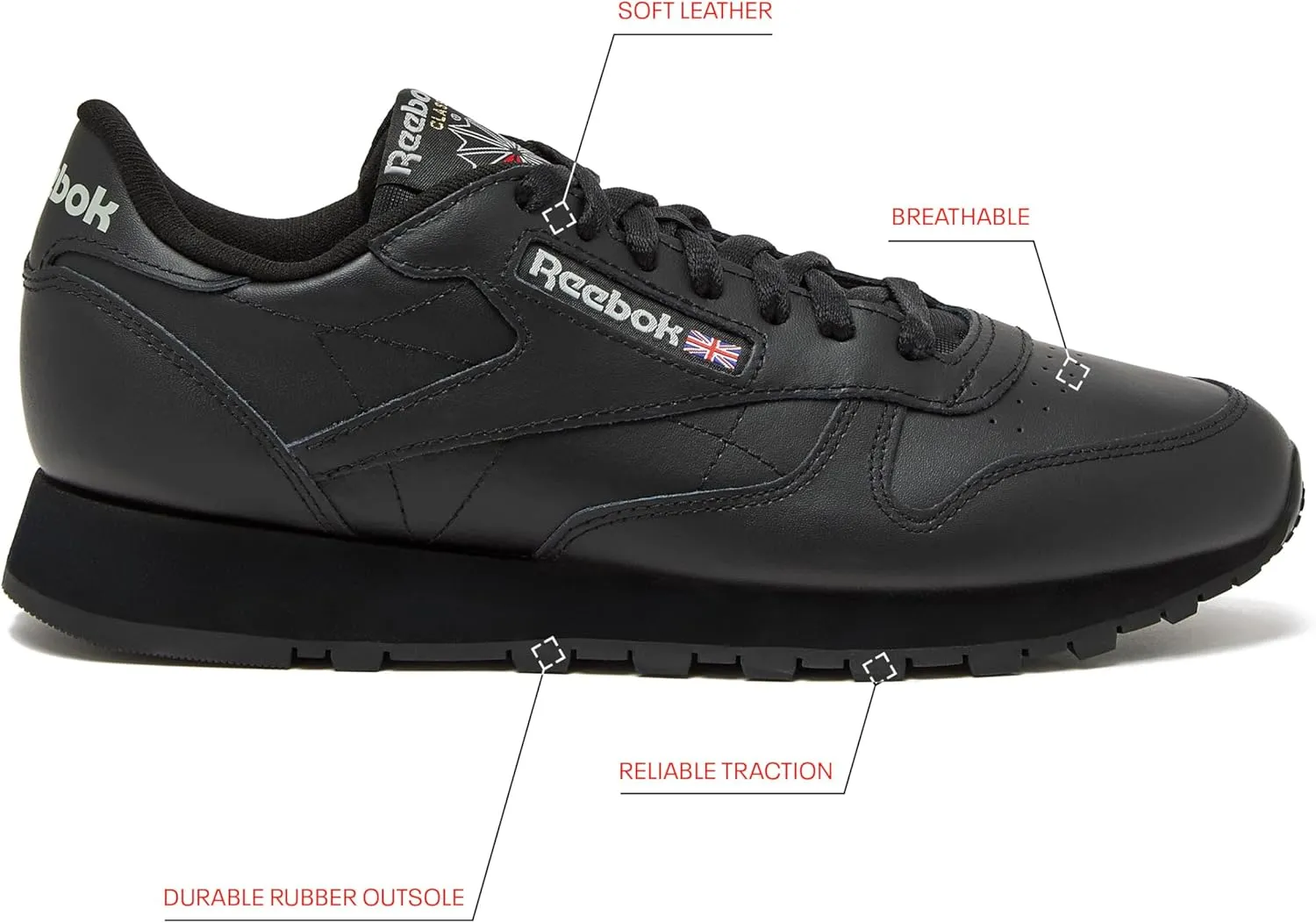 Reebok Men's Classic Leather Sneakers Black Or White Tennis Shoes