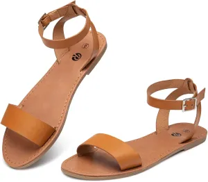 Rekayla Flat Faux Leather Ankle Strap and Adjustable Buckle Sandals for Women