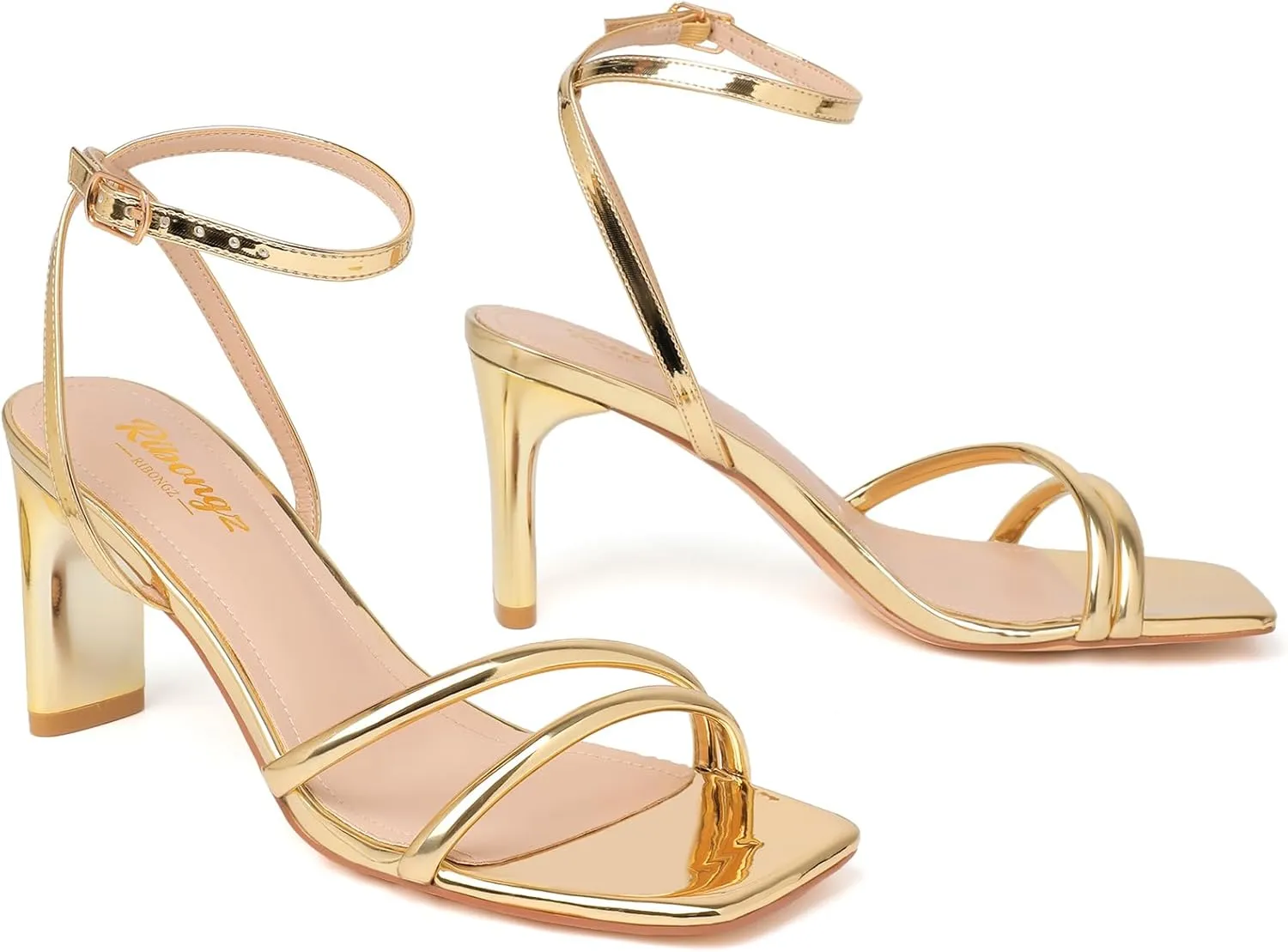 RIBONGZ Strappy Light Gold Heels For Womens Square Open Toe Comfort High Heels Ankle Strap Chunky Heeled Sandals Party Wedding Bridal Dress Block Heel Shoes