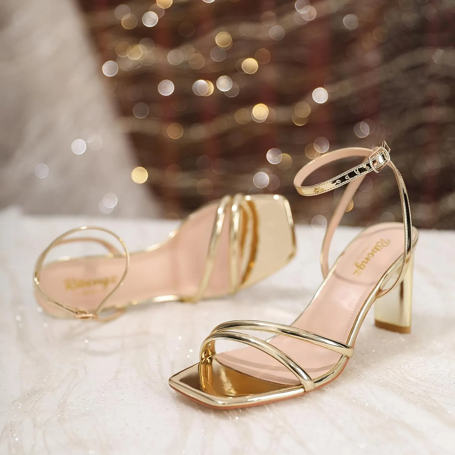 RIBONGZ Strappy Light Gold Heels For Womens Square Open Toe Comfort High Heels Ankle Strap Chunky Heeled Sandals Party Wedding Bridal Dress Block Heel Shoes