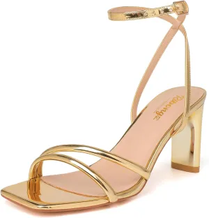 RIBONGZ Strappy Light Gold Heels For Womens Square Open Toe Comfort High Heels Ankle Strap Chunky Heeled Sandals Party Wedding Bridal Dress Block Heel Shoes