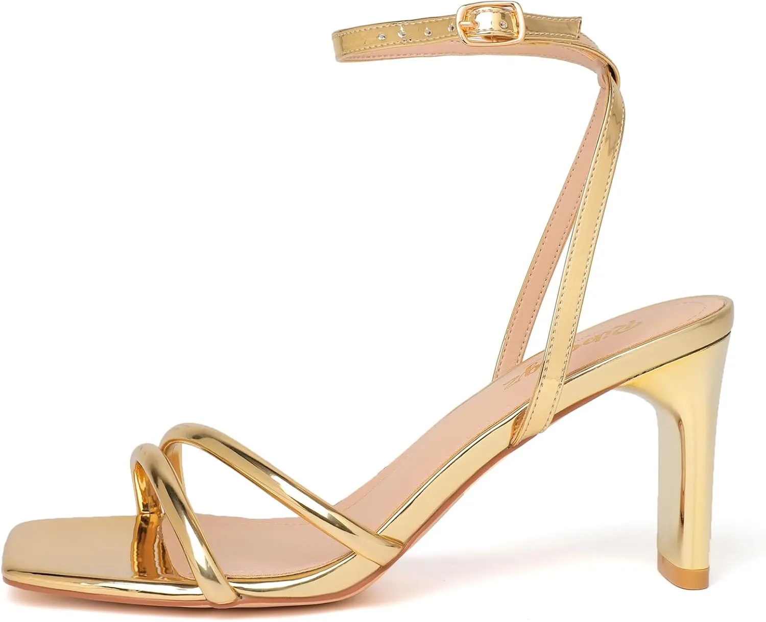 RIBONGZ Strappy Light Gold Heels For Womens Square Open Toe Comfort High Heels Ankle Strap Chunky Heeled Sandals Party Wedding Bridal Dress Block Heel Shoes