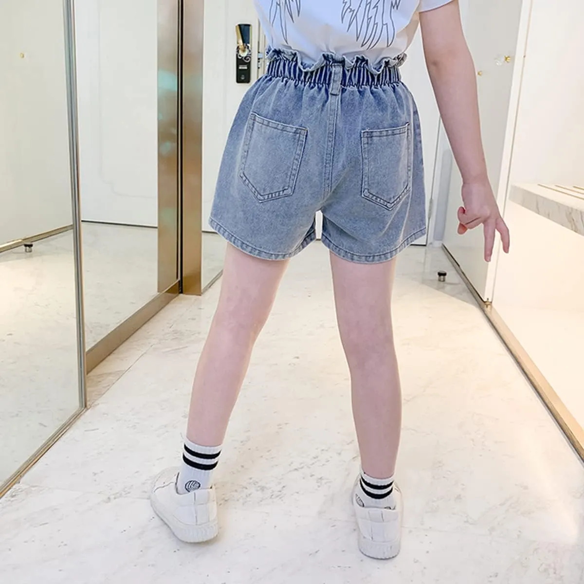 Rolanko Girls Denim Shorty Shorts Elastic Waist Kids Summer Jean Shorts 4-14 Years